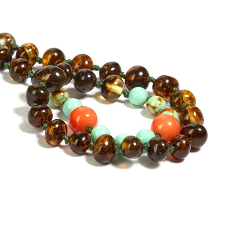 Бусы детские &quot;Мятый шар&quot; из Янтаря с бирюзой и кораллом купить